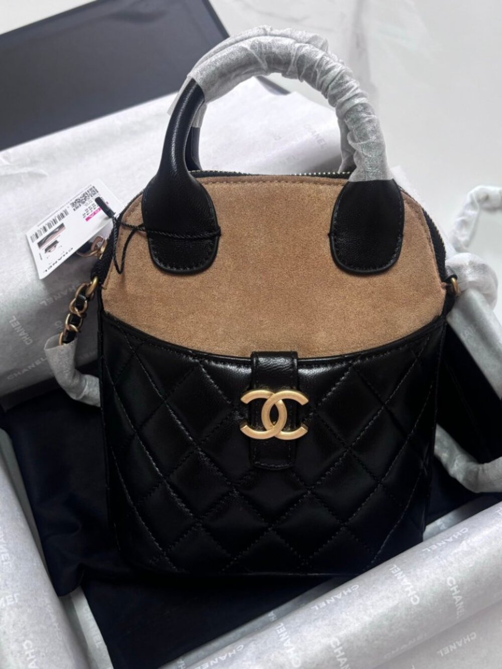 Chanel Mini CC Dome Top Handle Clutch with Chain Quilted Lambskin with Sued